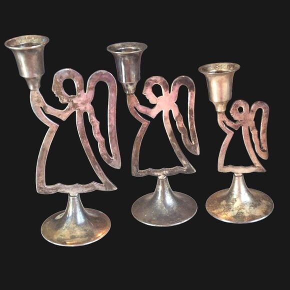 International Silver 3 Angel Candle Sticks Vintage with Patina Not Polished - Picture 14 of 14